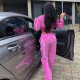 Clacive Y2K Zipper Pockets Drawstring Velvet Two Piece Sets Women Pink Jackets And Trousers Suits Sporty Autumn Clothes New