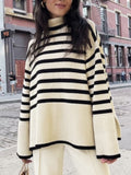 Clacive  Winter Women’S Long Sleeves Knit Sweater Turtleneck Striped Print Loose Pullover Tops  New Autumn Oversized Sweater