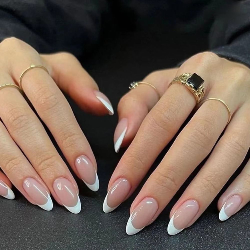Fall nails Christmas nails 24Pcs Simple False Nails Set White French Almond Fake Nails With Designs Press On Nails Manicure Full Cover Nail Tips