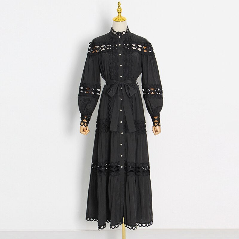 Clacive  Casual Plain Dress For Women Stand Collar Loose Long Sleeve Cut Out Patchwork Bowknot Midi Dresses Female  Spring Style