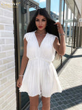 Clacive Sexy V-Neck White Women Dress Summer Casual Sleeveless Pleated Mini Dresses Bodycon Backless High Waist Female Dress