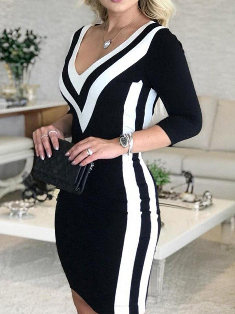 Clacive elegant Contrast Color Striped Tape Bodycon Dress Women  V Neck Long Sleeve Party Dress