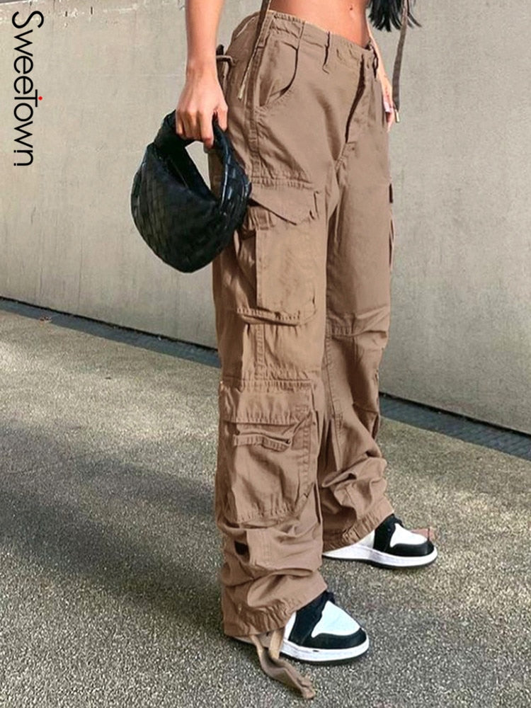 Clacive  Khaki Solid Baggy Cargo Pants Women Low Waist Mom Jeans Vintage 90S Grunge Streetwear Casual Hippie Denim Trousers