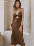 Clacive Sexy Strap V-Neck Bodycon Dress Summer Backless Brown Midi Dress Fashion Slim Hollow Out Party Dresses For Women