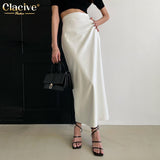 Clacive Casual White Satin High Waisted Skirt Women Summer Elegant Office Long Skirts Ladies Korean Fashion Midi Skirts