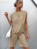 Clacive Fashion Sleeveless Crop Top Two Piece Set Women Summer High Waist Shorts Set Female Elegant Loose Brown Suit With Shorts
