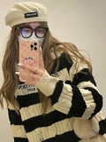 Back to school  Vintage Striped Knitted Sweater Women Harajuku Retro Letter Embroidery Jumper Fashion Loose Casual Hollow Out Y2K Tops
