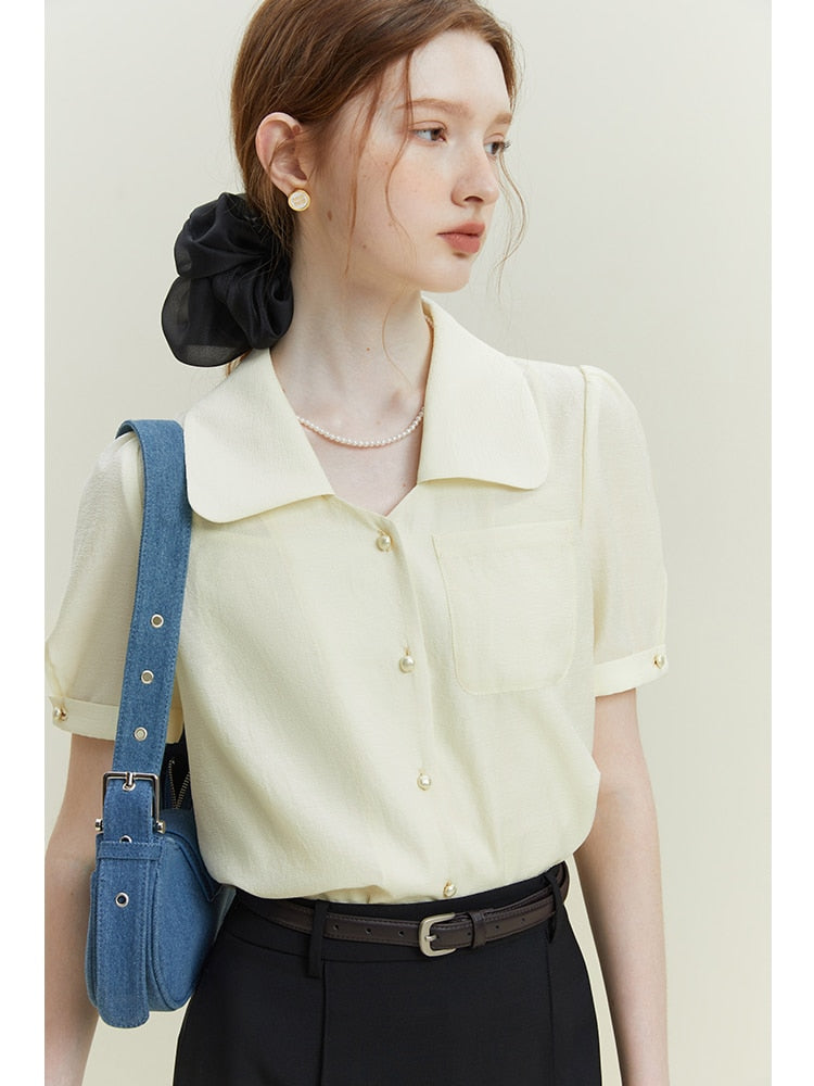 Clacive Fall outfits back to school  Blouse+Vest Two Piece Set Women Peter Pan Collar Solid Sweet Short Sleeve Shirts 2023 Summer New Thin Women Acetate Shirt