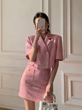 Clacive Summer Vintage Tweed 2 Two Piece Sets Womens Outfits  Style Short Sleeve Jacket Crop Top + Sexy Bodycon Mini Skirt Suits