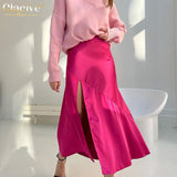 Clacive Casual Loose Pink Satin Women Skirt  Elegant High Waisted Slit Midi Skirt Lady Fashion Patchwork Office Long Skirts