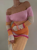 Fashion Elegant Knitted Long Dress Women V-Neck Long Sleeve Stripes Off Shoulder Contrast Color Bodycon Beach Clubwear