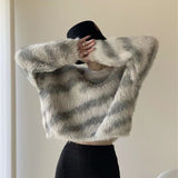 Fall outfits Hairy Zebra Knitted Sweaters Women Winter Korean Loose Harajuku Faux Mink Cashmere Jumper Vintage Short Pullover O-Neck O331