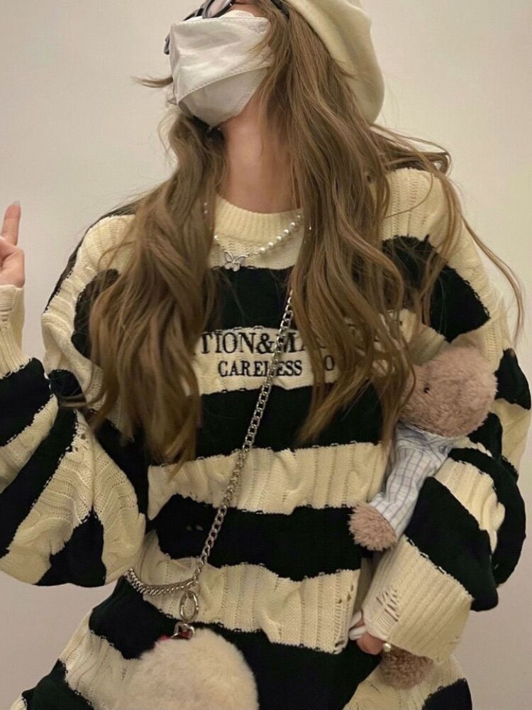 Back to school  Vintage Striped Knitted Sweater Women Harajuku Retro Letter Embroidery Jumper Fashion Loose Casual Hollow Out Y2K Tops