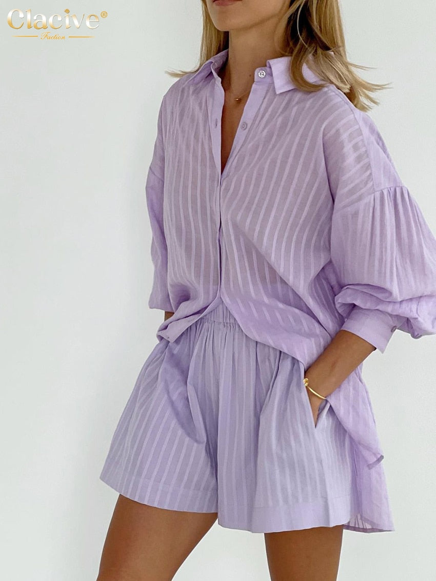 Clacive Fashion Purple Women'S Summer Suit Elegant Loose High Waist Office Shorts Set Female Casual Lapel Blouses Two Piece Set