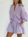 Clacive Fashion Purple Women'S Summer Suit Elegant Loose High Waist Office Shorts Set Female Casual Lapel Blouses Two Piece Set