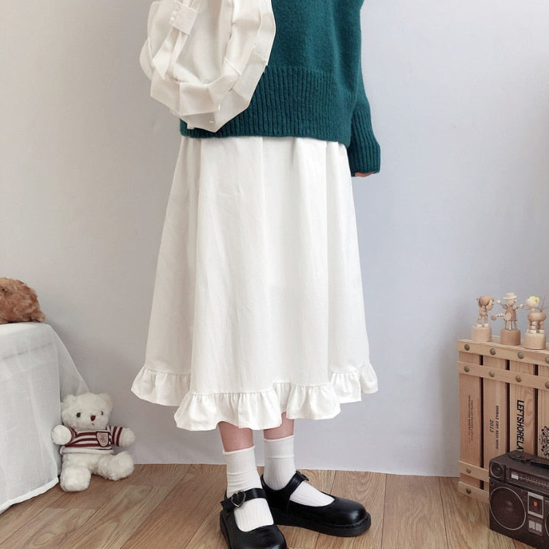 Fall outfits Japanese Fashion White Long Skirt Women Kawaii Lolita Ruffle Patchwork High Waist A-line Midi Skirt Petticoat Mori Girl