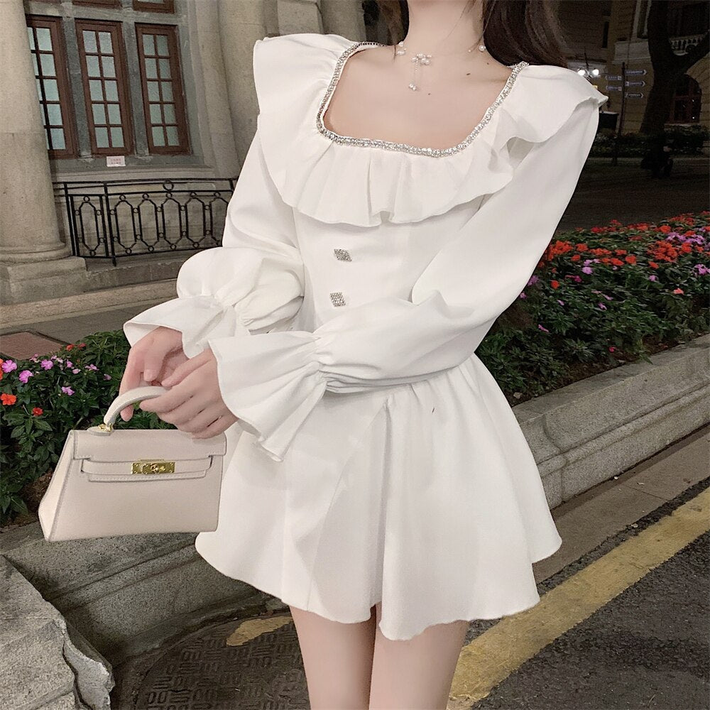 Clacive  Spring New Real Photo Square Neck Nail Drill Lotus Leaf Long Sleeve High Waist Slim A-Line Dresses White And Black Dress