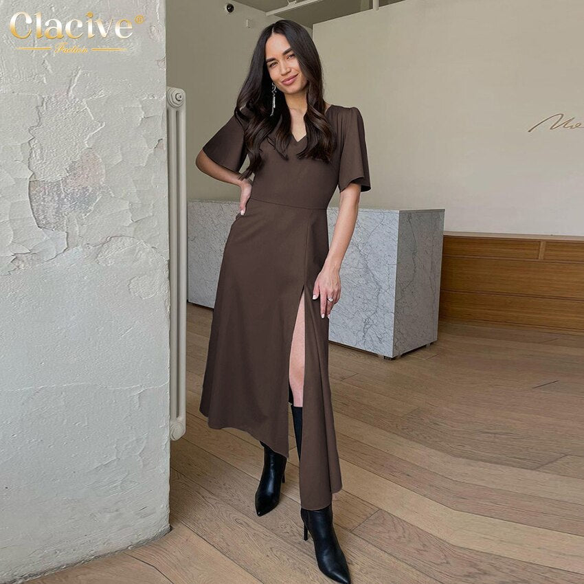 Clacive Bodycon V-Neck Brown Summer Dress Elegant Slim Short Sleeve Office Midi Dress Casual Classic Slit Dresses For Women