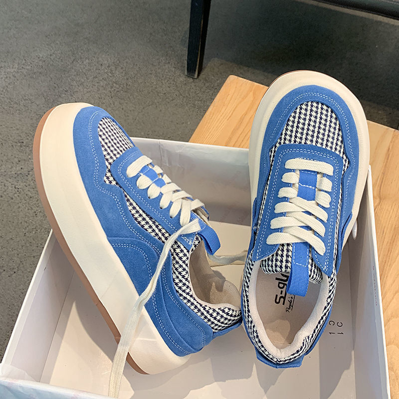Clacive  Japanese Platform Flat Canvas Women's Sneakers  Summer New Blue Small White Korean Casual Shoes Houndstooth Vulcanize