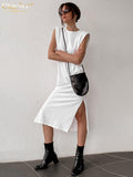 Clacive Fashion O-Neck White Dress Woman Summer Elegant Shoulder Pad Sleeveless Office Midi Dresses Casual Slit Female Dress