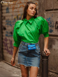 Clacive Fashion Woman Blouses  Summer Bodycon Lapel Lantern Short Sleeve Lady Shirts Elegant Slim Pink Tops Female Clothing