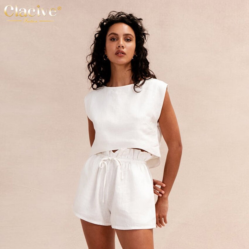 Clacive Fashion Sleeveless Crop Top Two Piece Set Women Summer Bodycon High Waist Shorts Set Elegant White Suits With Shorts