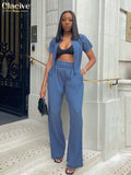 Clacive Bodycon Short Sleeve Shirts Set Woman 2 Pieces Summer Blue Pleated Pants Set Female Fashion High Waist Trouser Suits