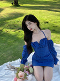 Clacive Off Shoulder Puff Sleeve Suspender Dress Women's Summer Solid Color Klein Blue Dress Sexy Chic Package Hip Dresses