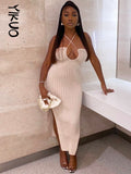 Lace Up Women Halter Stripe Knitted Midi Dress Side Slit Backless Bodycon Sexy Streetwear Party Club  Summer Clothes