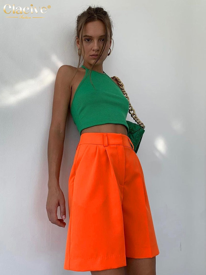 Clacive Summer Orange Shorts Women Fashion Green High Waisted Office Ladies Shorts Casual High Street Female Clothing