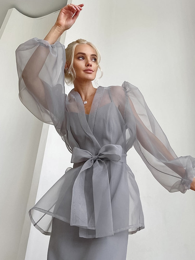 Fall outfits 2023 Spring Summer Women Elegant Solid Grey Mesh Shirt Ladies Sheer Long Sleeve Chiffon Blouse For Woman Female