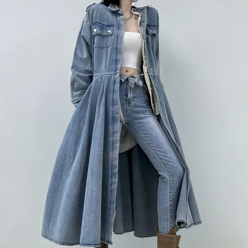 Clacive Vintage Denim Jackets Ruffled Women  Autumn Sashes Loose Casual Full Sleeve Jeans Female Oversized Coats Outerwear J516