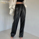 Clacive Fashion Black Office Women'S Pants  Casual Pu Leather High Waist Pants Lady Elegant Straight Female Trouser Pocket