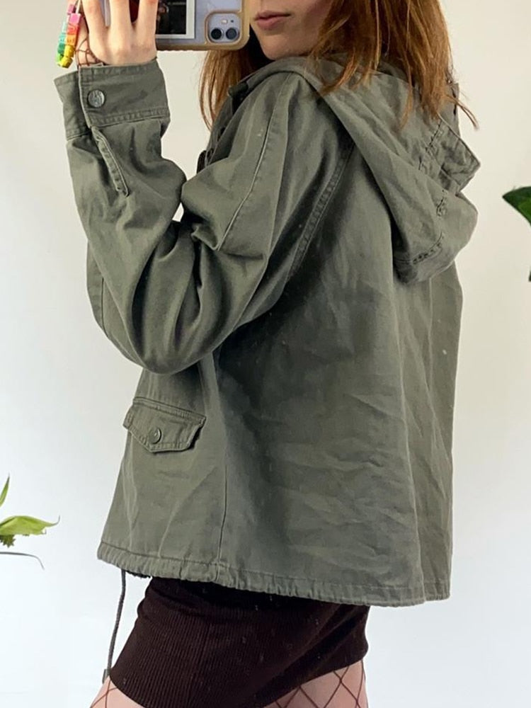 Clacive Vintage Y2k Loose Jackets Pockets Zipper Hooded Coat Women Prepply Harajuku Casual Outwear Autumn Fairycore Outfits