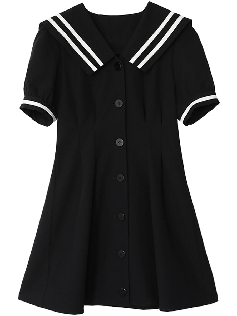 Clacive  Korean Women's Summer Dress Vintage College Style V Navy Collar Short Sleeve Dresses For Women Female Summer
