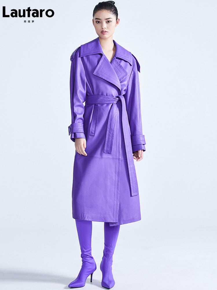 Clacive  Spring Autumn Long Luxury Elegant Purple Colored Faux Leather Trench Coat For Women Sashes Runway Designer Fashion
