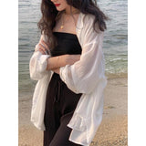 Clacive White Sunscreen Shirt Women Sexy Backless Chiffon Sun Protection Cardigan Tops Summer Elegant Solid Loose Casual Blouse