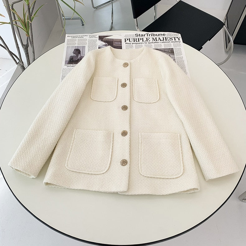 Clacive Retro Tweed Jacket Women Round Neck Long Sleeve Single Breasted Pockets Outwear Tops Autumn Winter Female Vintage Elegant Veste