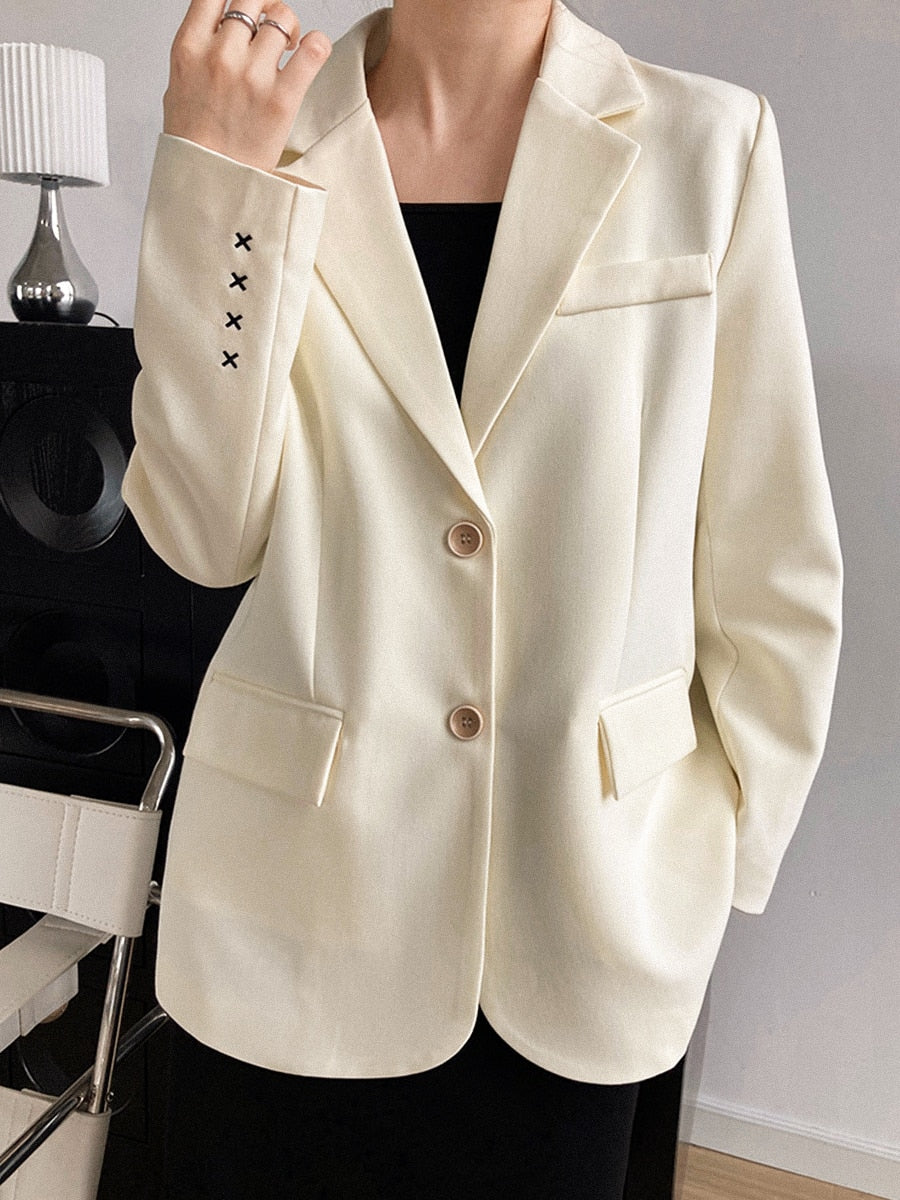 Clacive French Embroidery Suit Coat Spring Autumn Woman Turn-Down Collar Button Pockets Blazer Elegant Vintage Mujer Jackets Top
