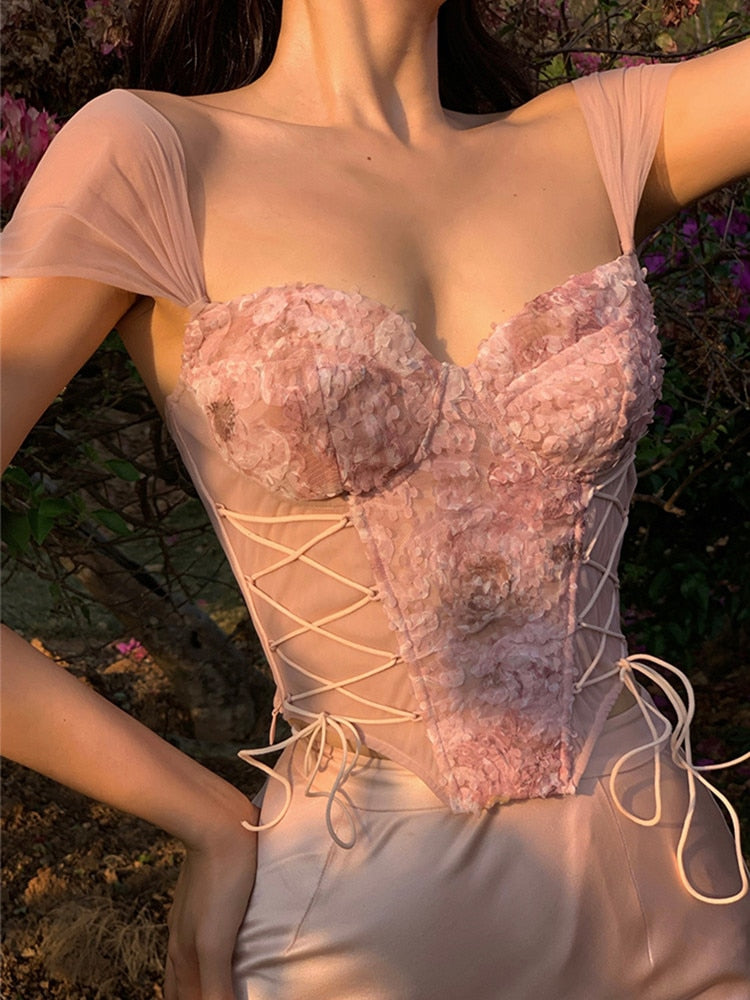 Fall outfits  Crop Top Women Clothing Elegant Slim Sexy Backless Tube Top All-Match Pink Lace Mesh y2k Tank Top Corset Top  mujer