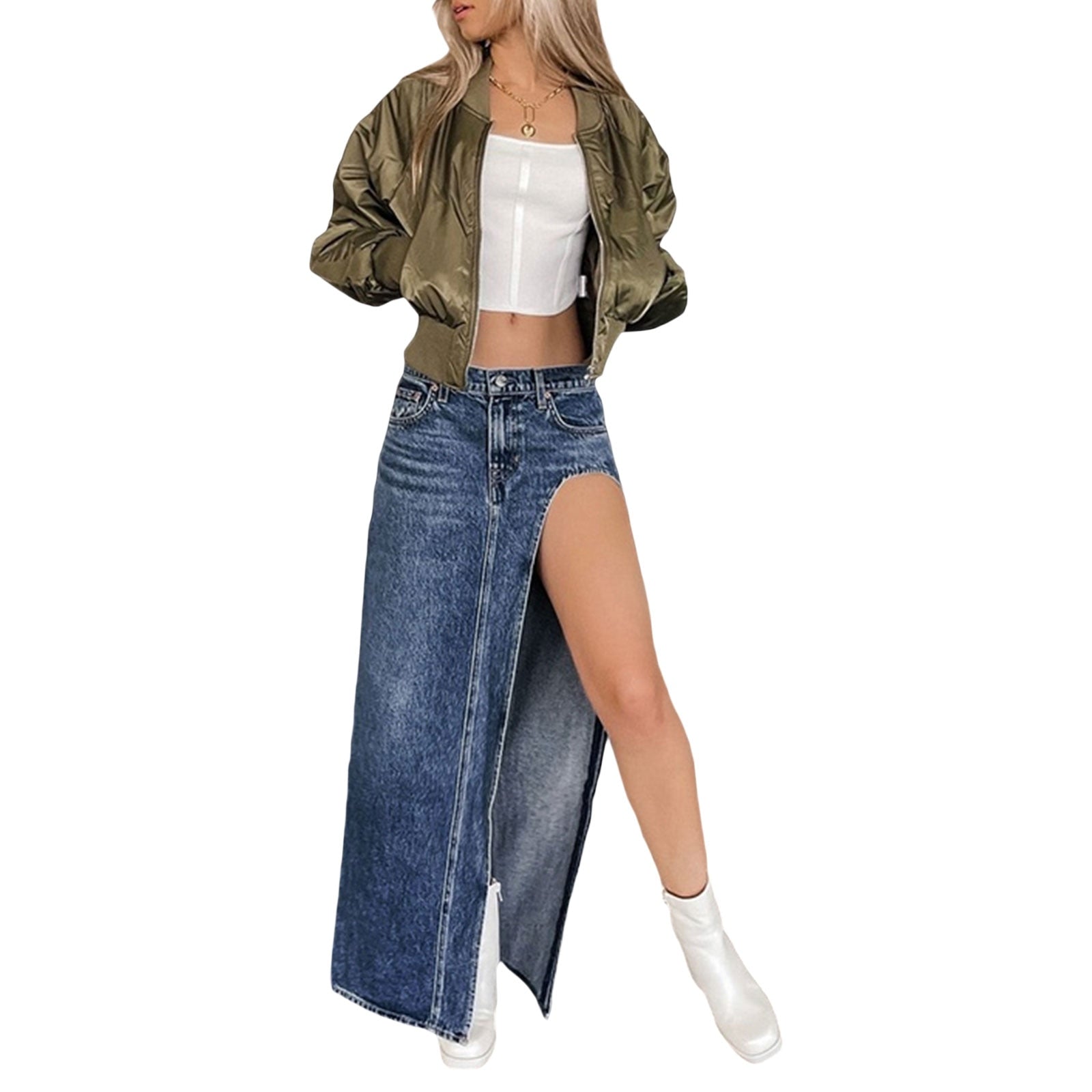 Fall outfits Women's Y2k Summer Long Skirt Vintage Slim Denim Skirt Blue High Waist Side Split Streetwear Casual Fairy Grunge Pencil Skirt