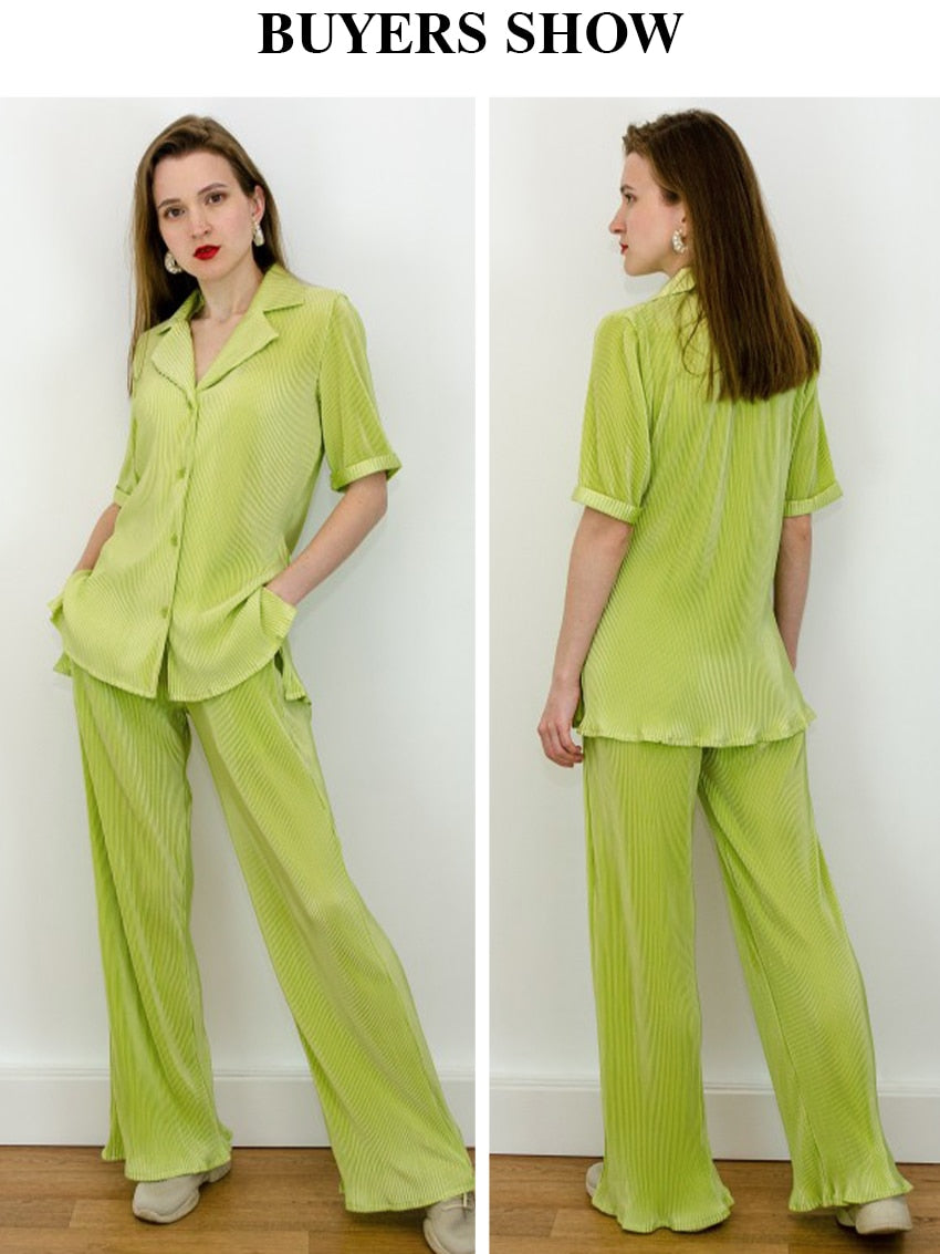 Clacive Summer Short Sleeve Shirts Set Woman 2 Pieces Sexy Green Pleated Trouser Suits Female Casual High Waist Wide Pants Set