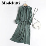 Clacive   New Spring Summer Fashion Women Long Puff Sleeves Dress Belt Single Breasted Solid Elegant Simple Casual Female