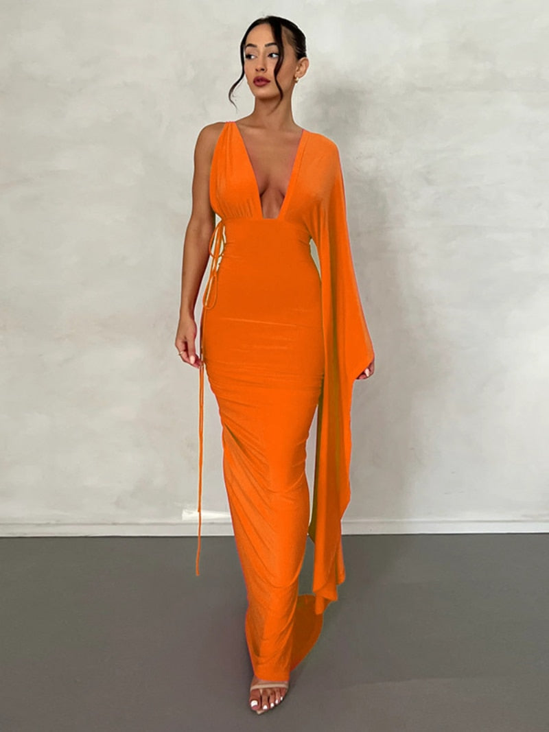 Fall outfits Elegant Women 2023 Deep V-neck High Waist Tunics Backless Bodycon Formal Occasion Dresses Sexy Summer Orange Evening Party Dress