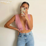 Clacive Sexy Pink Crop Top Female Summer Bodycon Lace-Up Backless Tank Top Fashion White Vest Camisole Women Clothing