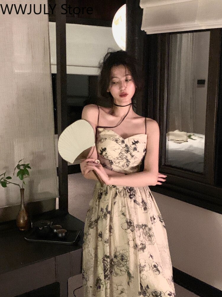 Fall outfits back to school French Vintage Floral Strap Dress Casual  Summer Evening Party One Piece Dress Korean Sleeveless Elegant Midi Dress Woman