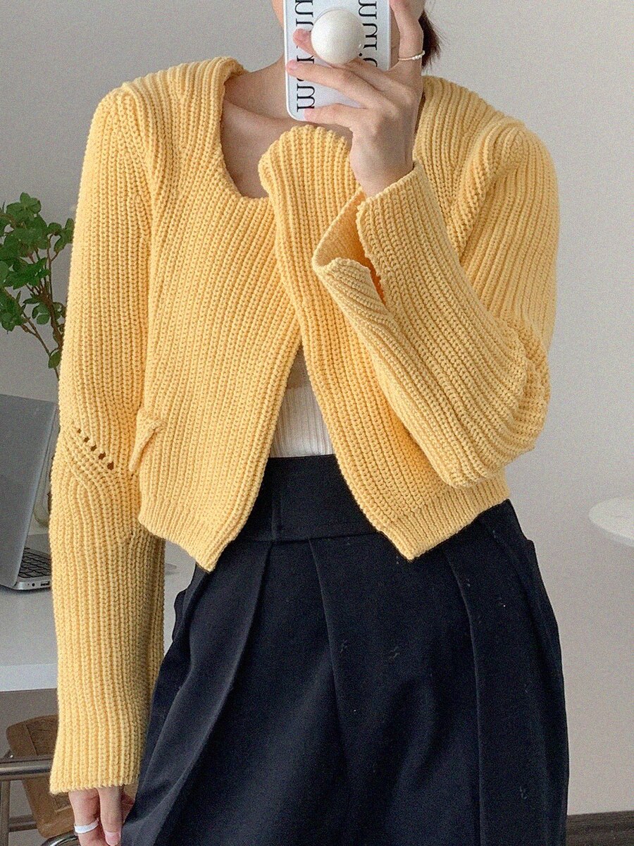 Clacive Fancy Knitted Cardigan Top Woman Spring Winter Flare Sleeve Irregular Neck Sweater Coat Casual Simple Femme Sweaters Gilet