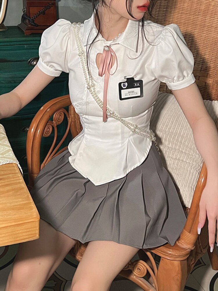 Fall outfits Korean Slim White Shirt Tunics Woman Sexy Heart Hollow Out Cute Puff Sleeve School Shirt Preppy Style Tops Jk Uniform