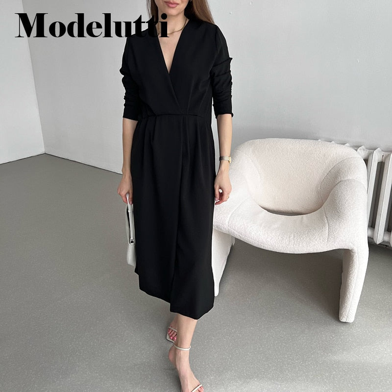 Clacive   New Spring Fashion Long Sleeve V-Neck Design Dress Sexy Slit Solid Color Simple Elegant Casual Midi Dress Women