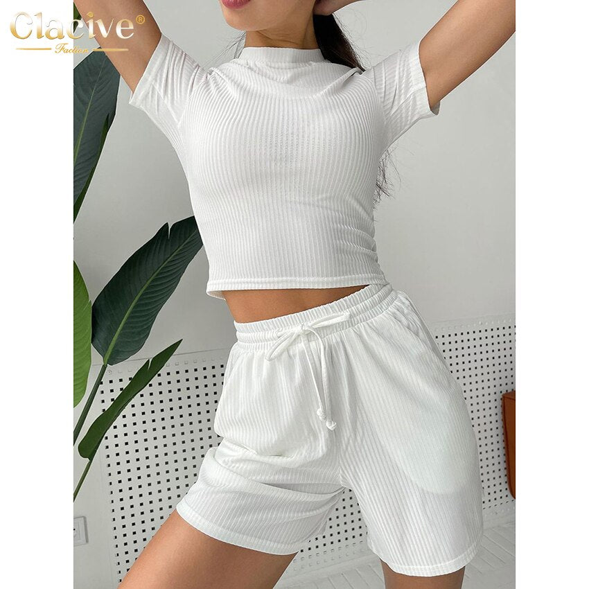 Clacive Summer Blue Women'S Tracksuit  Fashion Knit High Waisted Shorts Set Ladies Bodycon O-Neck T-Shirts Two Piece Set